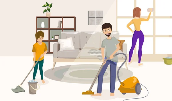 Cartoon Color Characters People Family Cleaning the House Konzept. Vektor — Stockvektor