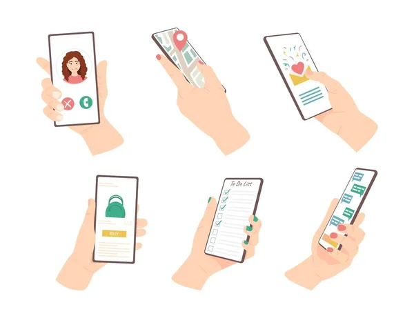 Cartoon Human Hands drží smartphony ikony sada. Vektor — Stockový vektor