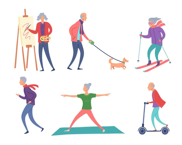 Cartoon Color Characters Active Old People Concept. Vektor — Stockový vektor