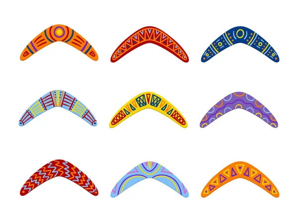 Cartoon Color Australian Aborígene Boomerang Icon Set. Vetor —  Vetores de Stock