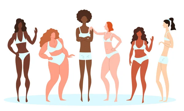Desenhos animados Personagens de cor Mulheres Diferentes Tipos de Corpo Conceito. Vetor — Vetor de Stock