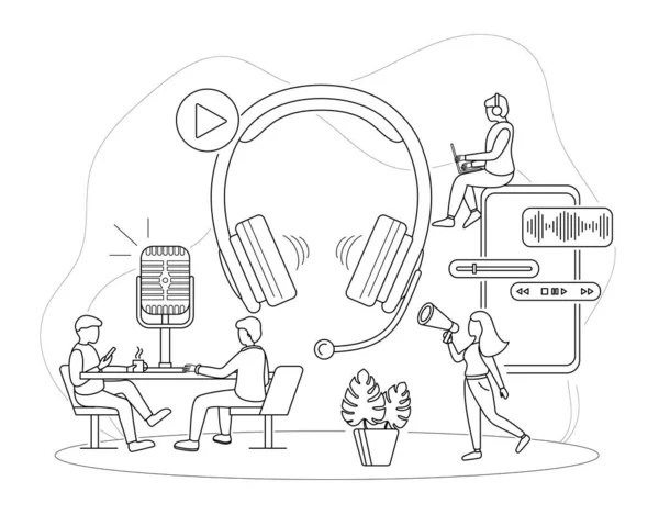 Personagens Pessoas e Radio Broadcasting Concept Contour Estilo Linear. Vetor — Vetor de Stock