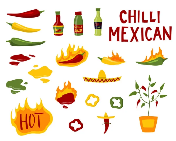 Dibujos animados Color Hot Chilli Salsas conjunto de iconos. Vector — Archivo Imágenes Vectoriales