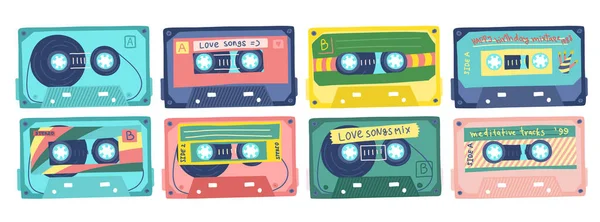 Desenhos animados cor retro fita vintage cassetes ícones conjunto. Vetor — Vetor de Stock