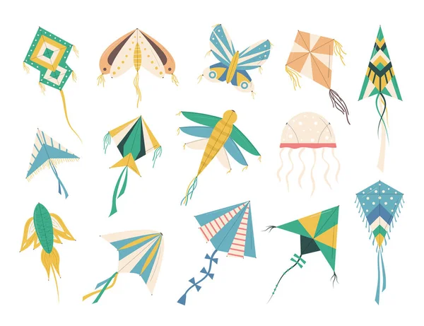 Dibujos animados Color Flying Kites Iconos Set. Vector — Archivo Imágenes Vectoriales