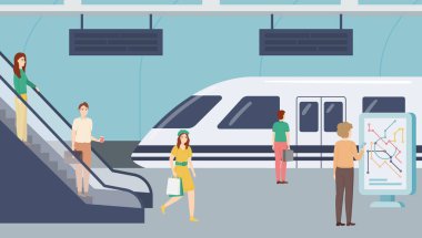 Çizgi film Renk Karakterleri İnsanlar ve Metro Treni Geliş Konsepti. Vektör