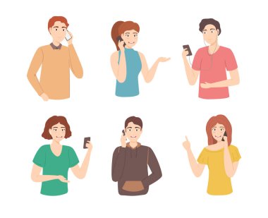 Çizgi film Renk Karakterleri İnsanlar Telefon Kavramını kullanır. Vektör