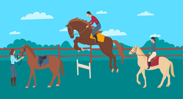 Cartoon Color Characters People and Horse Rider School Concept. Vector