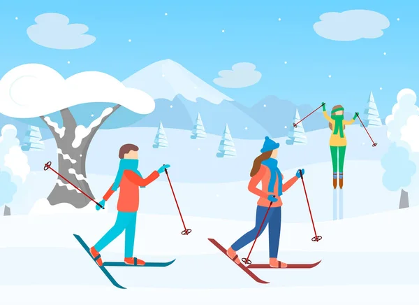 Personajes de dibujos animados Personas Esquí de invierno y paisaje Escena Concepto. Vector — Vector de stock