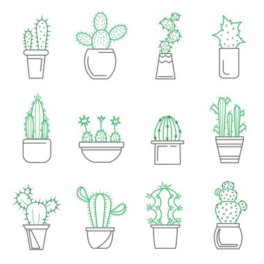 Kaktüs, İnce Çizgi Simgesi Ayarlandı. Vektör