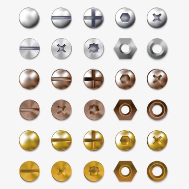 Gerçekçi Detaylı 3d Çelik veya Brass Heads Vida Seti. Vektör