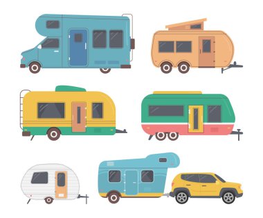 Çizgi film Renkli Kamp Kamyonları Simgeleri Ayarlandı. Vektör