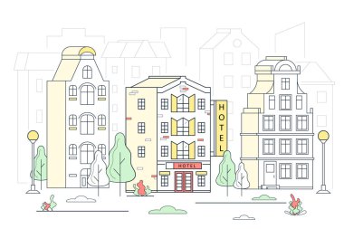 Modern Otel Binası Konsepti Doğrusal Tarzı. Vektör