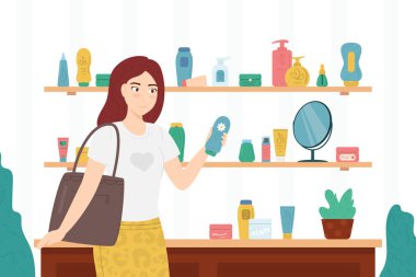 Çizgi film Renkli Karakter Kadını Doğal Ürünleri Satın Alırken. Vektör