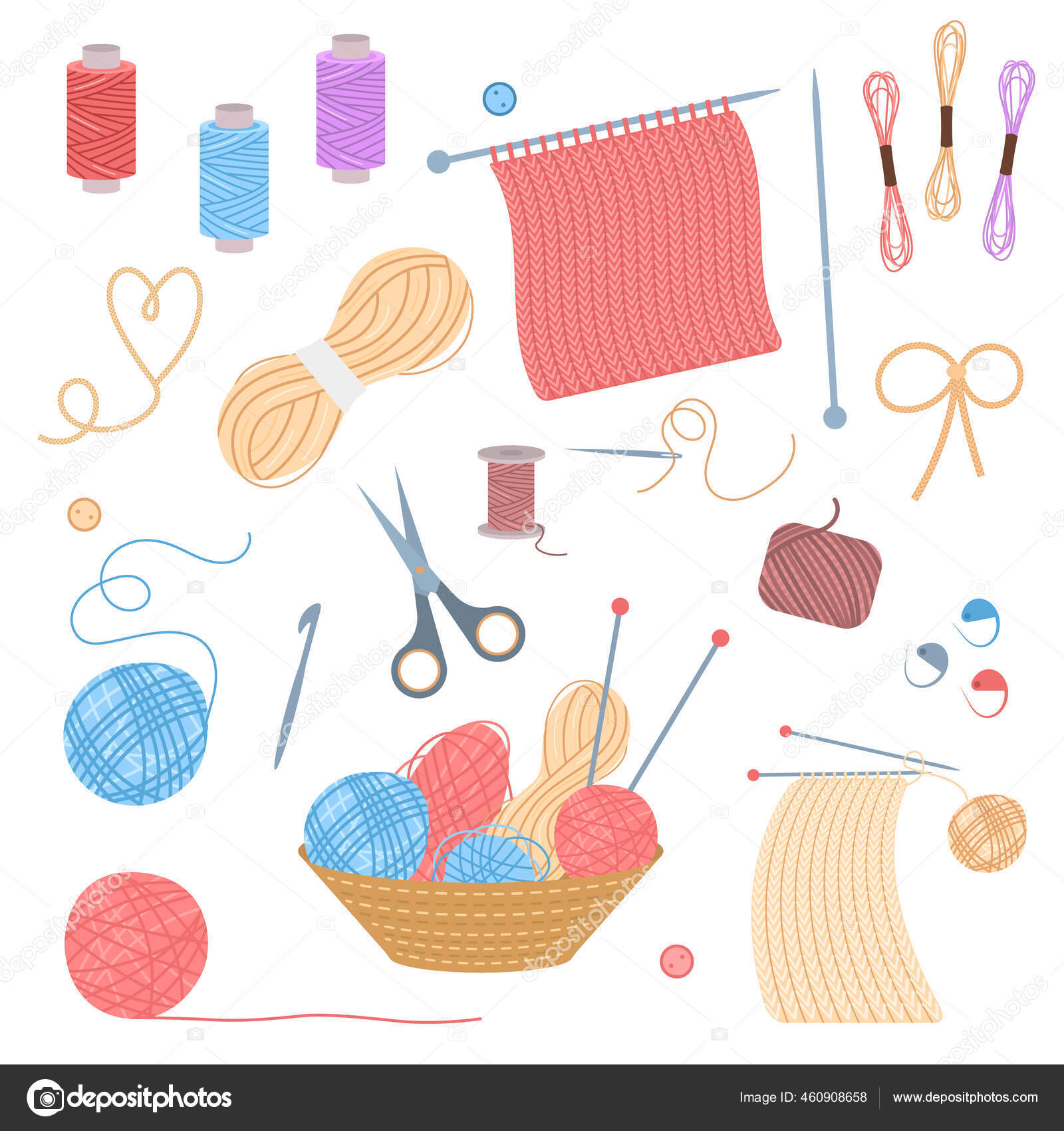 A set of various crochet and knitting tools. Color vector flat