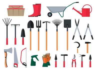 Çizgi film Renkleri Çeşitli Bahçe Ögeleri Simgesi Seti. Vektör