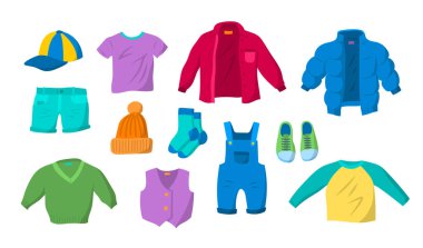 Çizgi film Color Clothes Boys Icon Set. Vektör
