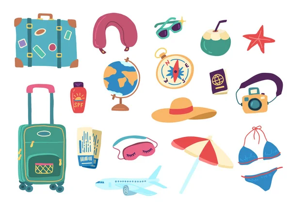 Cartoon Color Travel Stuff Icon Set. Vector — Vector de stock