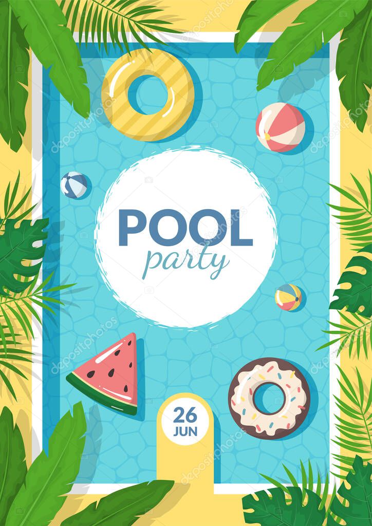 Cartoon Color Summer Pool Party Concept Template Poster Banner Card Set. Vector