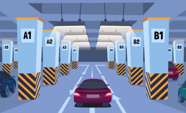 Çizgi film Renkli Yeraltı Otoparkı İçerisi Konsepti. Vektör