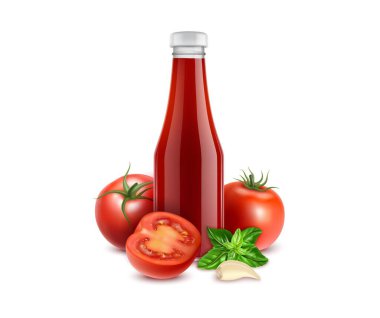 Gerçekçi Detaylı 3 boyutlu Kırmızı Domates Şişesi ve Salata İçin Basil Yaprakları. Vektör