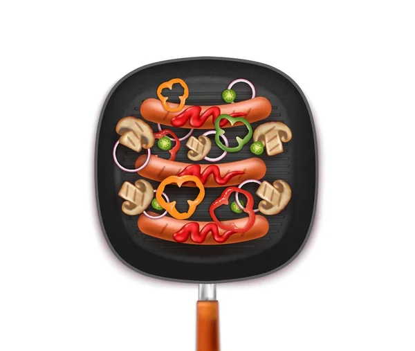 Realistisk Detaljerad 3D Grill Pan med korv, svamp och grönsaker. Vektor — Stock vektor