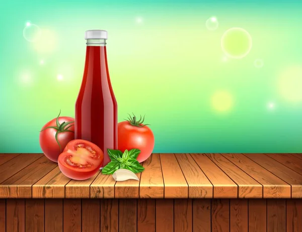 Realista Detallado 3d tomate rojo Ketchup botella y hojas de albahaca para ensalada. Vector — Vector de stock