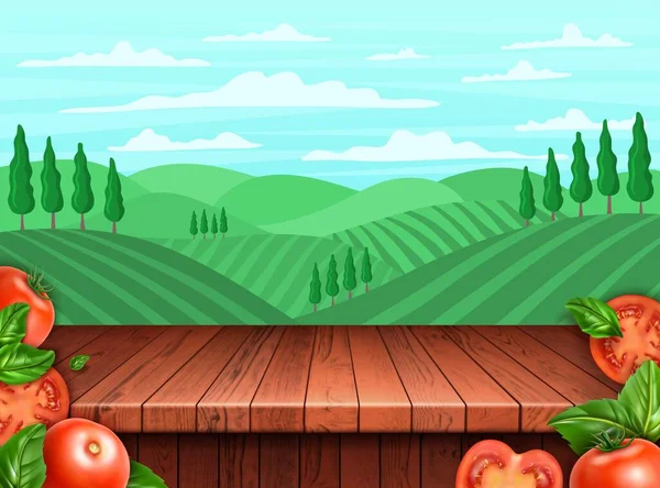 Реалістична докладна 3d томатна та сільська пейзажна сцена концепції фонової картки. Векторні — стоковий вектор
