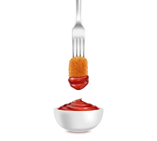 Realistische 3D-Gabel mit Chicken Nugget und Ketchup-Schüssel. Vektor — Stockvektor