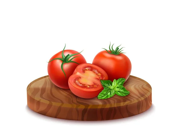 Rincian Realistik 3d Tomato dan Basil Daun pada Dewan Kayu Bundar. Vektor - Stok Vektor