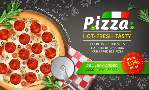 Ρεαλιστική Λεπτομερής 3d Pizza Ads Banner Concept Αφίσα κάρτα. Διάνυσμα — Διανυσματικό Αρχείο
