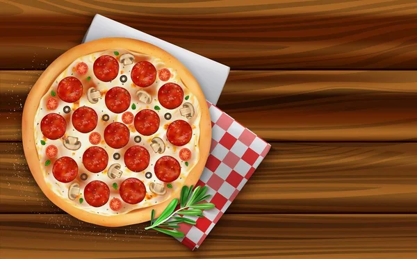 Realistické podrobné 3d Pizza Pepperoni s rozmarýnem a ubrousek na dřevěném stole Pozadí karty. Vektor — Stockový vektor