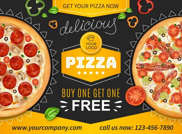 Realista detalhada 3d anúncios de pizza Banner Concept Poster Card. Vetor — Vetor de Stock