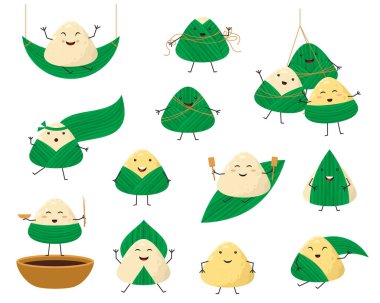 Cartoon Color Characters Rice Dumpling Icon Set. Vector