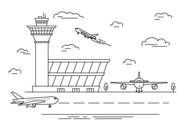 Airport Landscape Scene Black Linear Style. Vector — Stock Vector