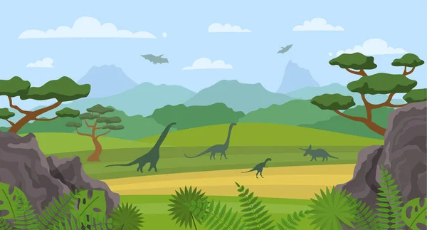 Dinosaures de couleur de bande dessinée et concept de scène de paysage. Vecteur — Image vectorielle