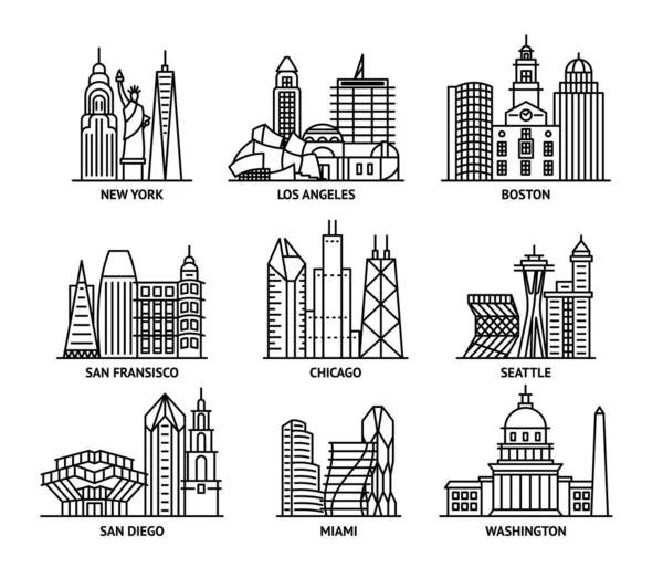 Usa Cities Sign Contour Ensemble d'icônes linéaires. Vecteur — Image vectorielle