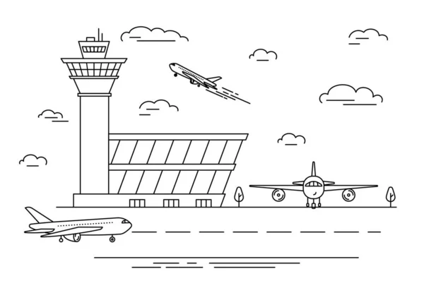 Аэропорт Пейзаж сцены черный линейный стиль. Вектор Стоковый вектор