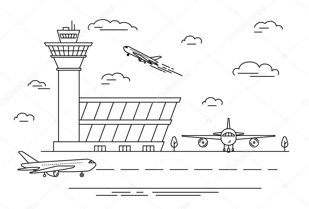 Airport Landscape Scene Black Linear Style. Vector