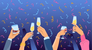 Çizgi film Color Many Hands Holding Glasses. Vektör