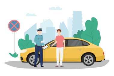 Çizgi film Karakter Polisi Bilet Konsepti Yazıyor. Vektör