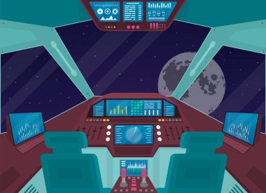 Çizgi film Renkli Uzay Mekiği Gemi İçi Konsepti. Vektör