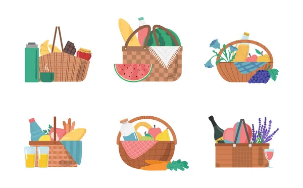 Cor dos desenhos animados Diferentes cestas de piquenique Ícones Set. Vetor —  Vetores de Stock