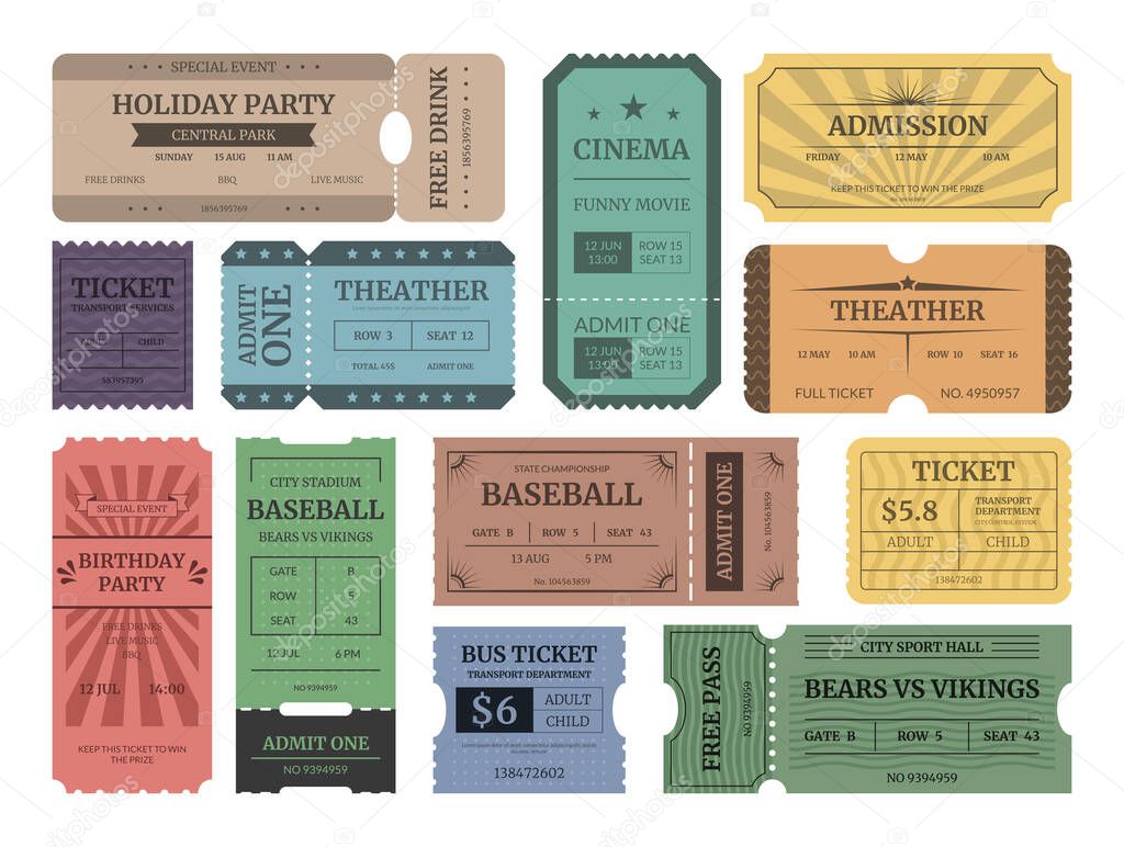 Cartoon Color Different Tickets Retro Vintage Style Icons Set. Vector