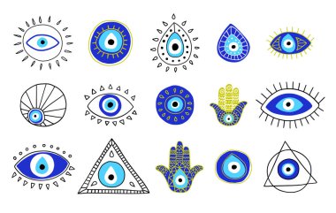 Uğursuz Göz veya Türk İşaret Rengi İnce Çizgi Simgesi Ayarlandı. Vektör