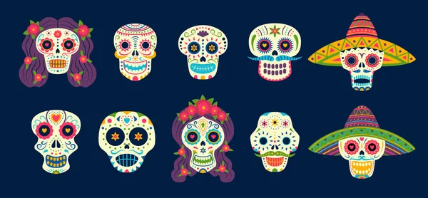 Cartoon Color Day of The Dead Skull Sign Icons Set. Vetor — Vetor de Stock