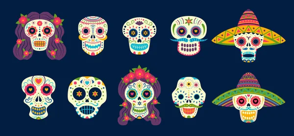 Cartoon Color Day of The Dead Koponya jel ikonok készlet. Vektor — Stock Vector