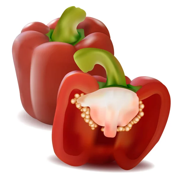 Ρεαλιστική Λεπτομερής 3d Whole Red Bell Pepper με το μισό σετ. Διάνυσμα — Διανυσματικό Αρχείο