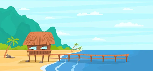 Bungalow a color de dibujos animados en el concepto de paisaje de la isla tropical. Vector — Vector de stock