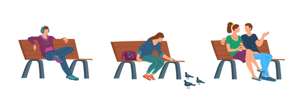Χαρακτήρας χρωμάτων κινουμένων σχεδίων Άνθρωποι που κάθονται στο Bench Set Concept. Διάνυσμα — Διανυσματικό Αρχείο